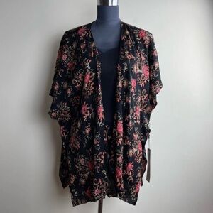 Floral Print Ruffle Sleeve Black and Pink Sheer Kimono and Shorts Set Size